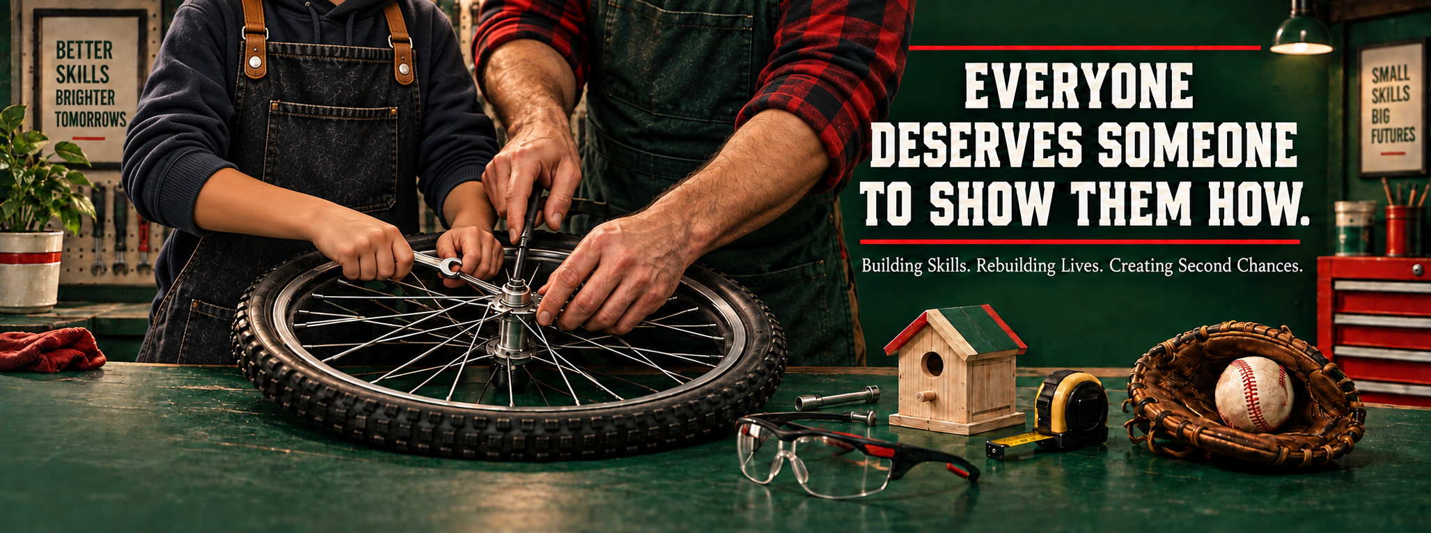 A child and adult mentor, shown from the shoulders down, working together on a bicycle wheel in a workshop.